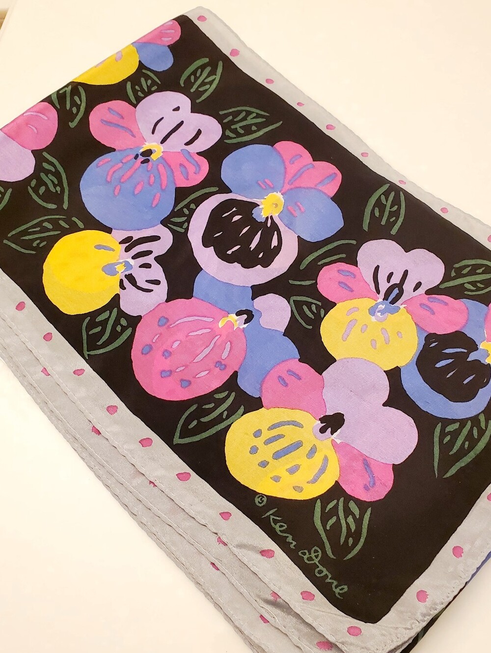 KEN DONE Vibrant Floral Silk Scarf in Black, Pink, Lavender & Yellow, VTG